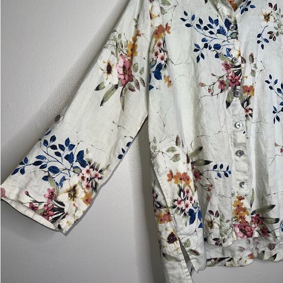John Mark 100% Linen Floral Button Down Shirt Top White Multicolor 1X - Picture 2 of 6